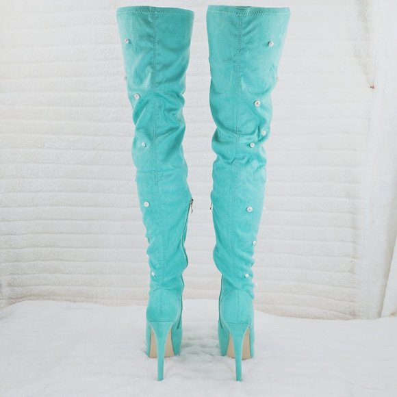 Mint Green Faux Stretch Suede Platform High Heel Thigh High Boots - Picture 10 of 16